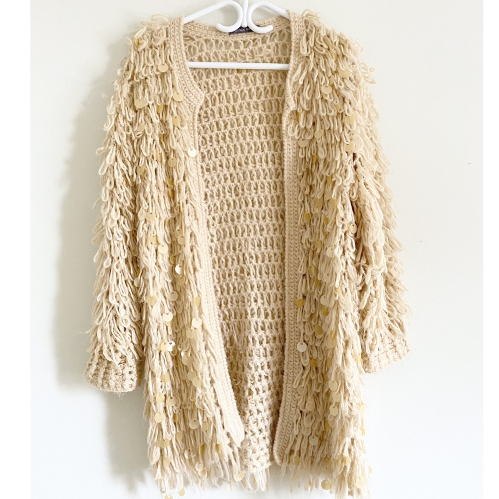 Fluffy Sequined Wool Crocheted Cardigan